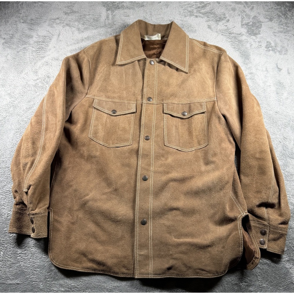Genuine Leather Mens Brown Suede Western Jacket Estimated L Contrast Stitch
